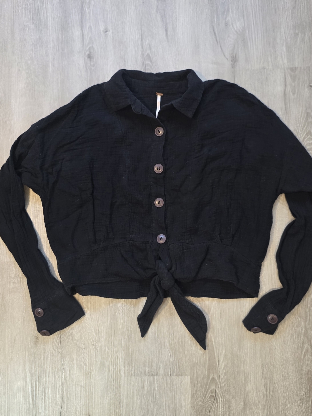 Free People Sun Streaks Top Size Small Black Gauzy Tie Front Button Up Cotton
